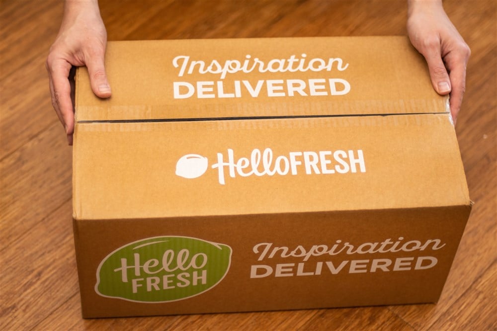 Hello Fresh delivery box on wooden surface