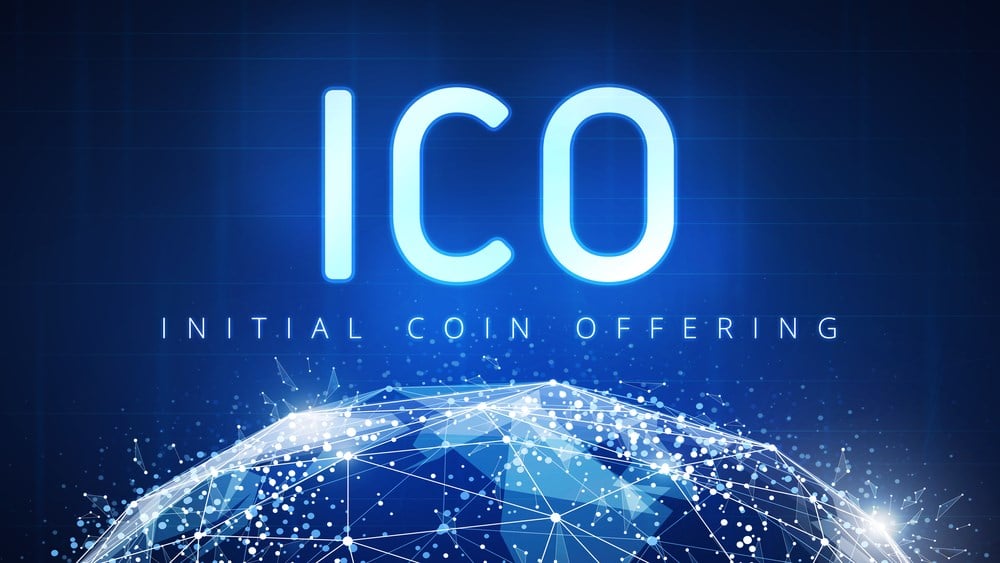 ICO initial coin offering futuristic hud background with world map and blockchain peer to peer network. Global cryptocurrency ICO coin sale event - blockchain business banner concept.