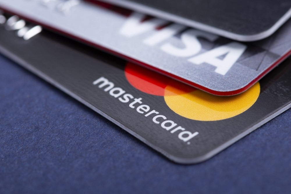 Mastercard and Visa plastic electronic card macro close up view