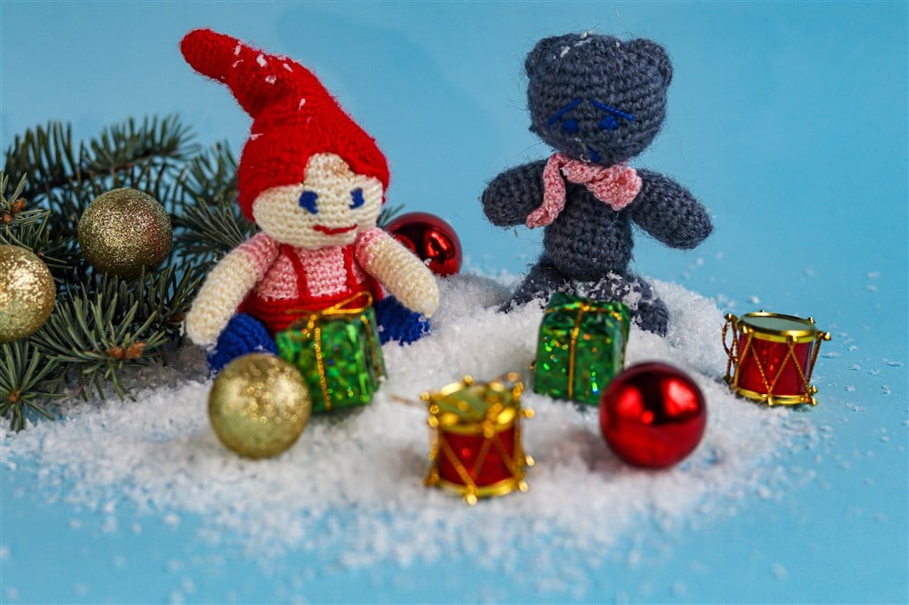 close-up of crocheted holiday toys