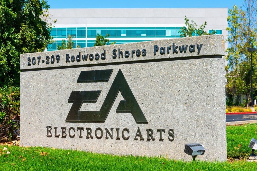 Electronic Arts sign at video game company headquarters in Silicon Valley. Learn more about Electronic Arts stock.