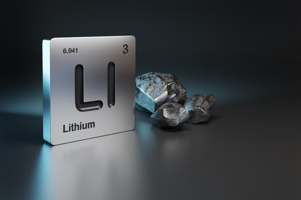 Lithium element symbol from the periodic table with metallic lithium