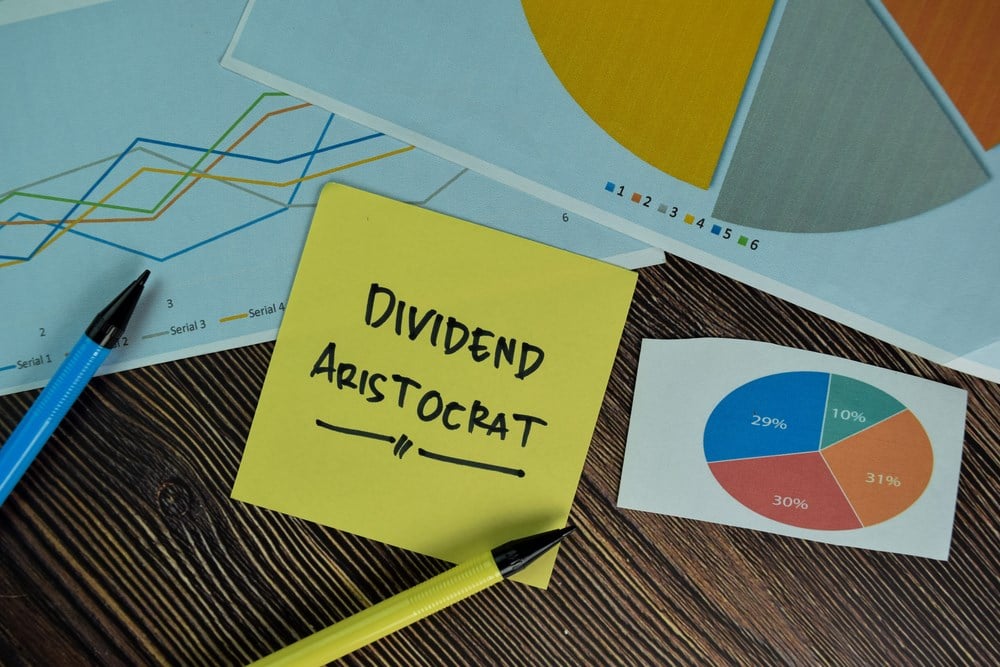 Dividend Aristocrat written on sticky note surrounded by charts: learn more about the best of the list of dividend aristocrats