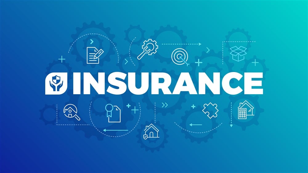 word insurance on blue background with descriptive illustrations
