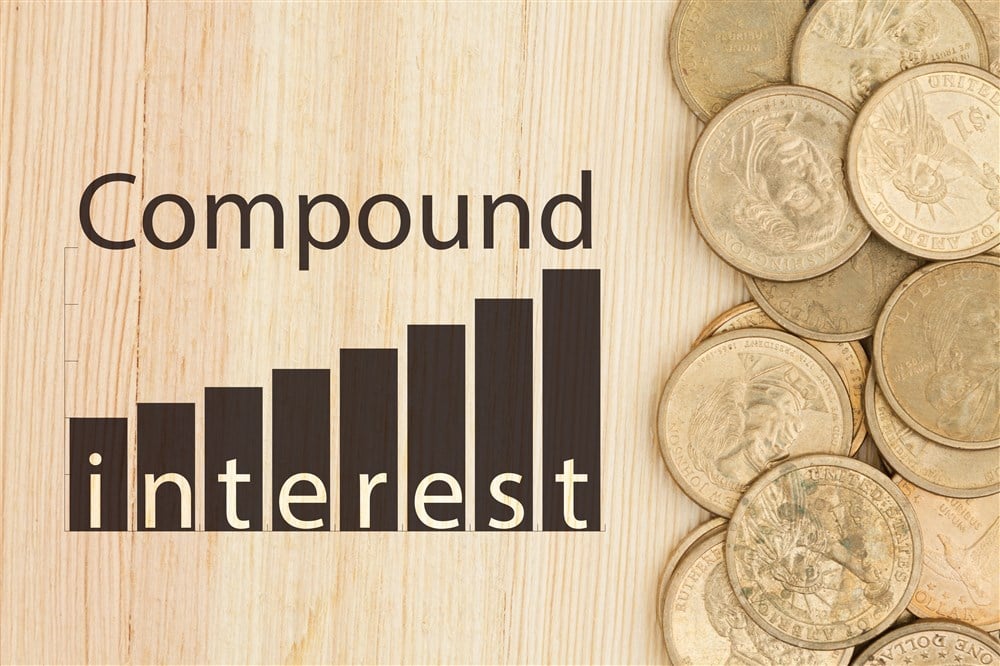 graphic with the words compound interest with gold coins