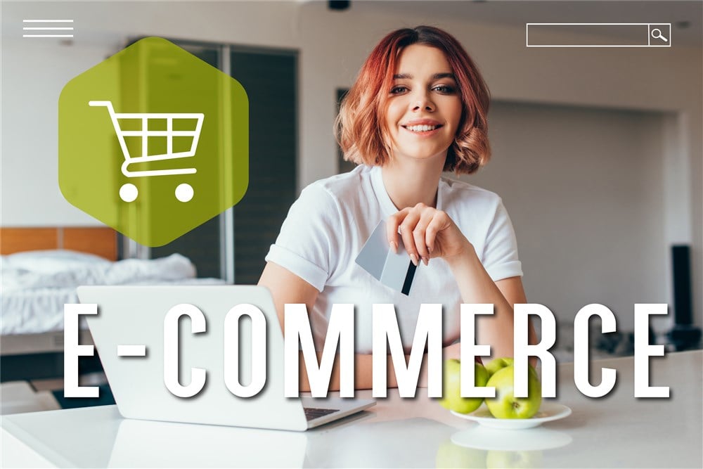 e-commerce words with woman in background and illustrated shopping cart