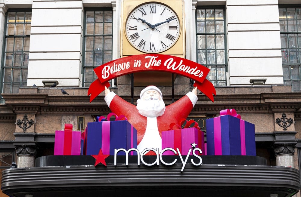 Santa Claus decoration on top of the entrance of Macys herald square store during the Christmas Holiday.