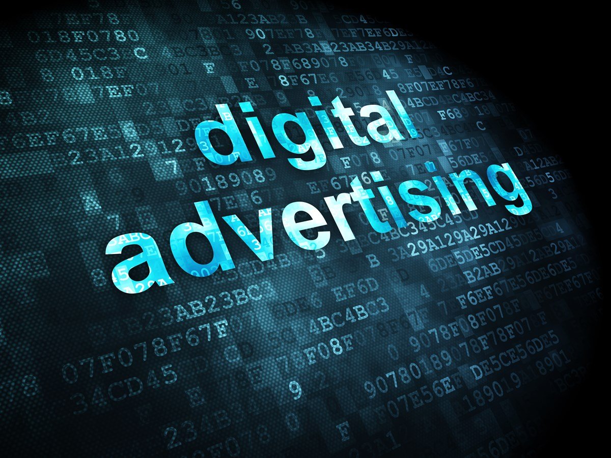 3d rendering with pixelated words Digital Advertising on digital background