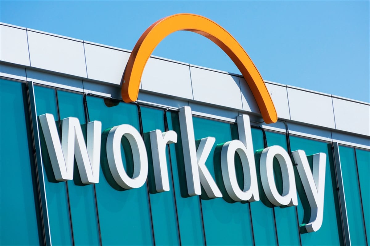 Workday sign and logo at headquarters building facade in Silicon Valley. Workday Inc. is on demand software vendor - Pleasanton, California, USA - 2019
