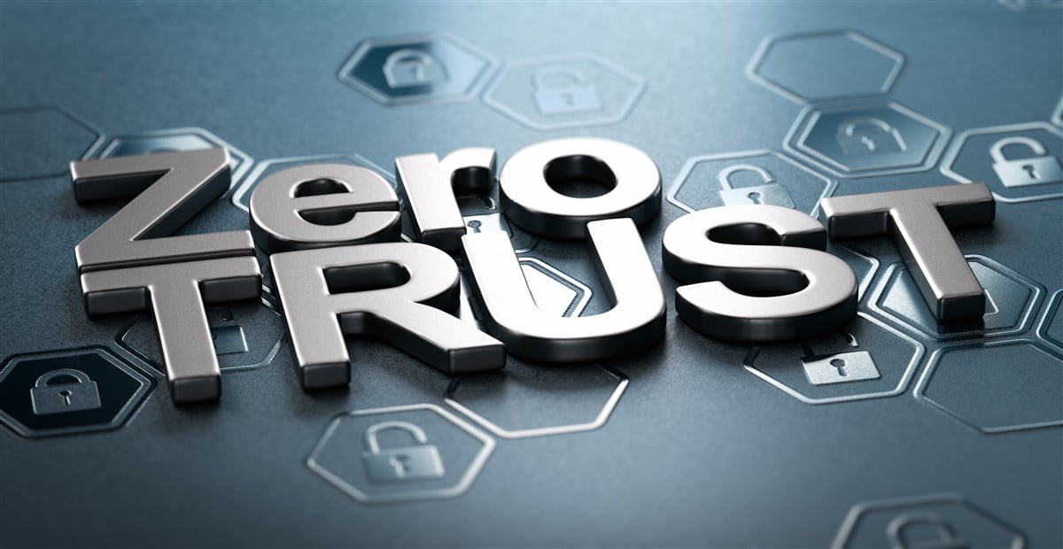 Metallic illustration of the words zero trust over graphic displaying network security