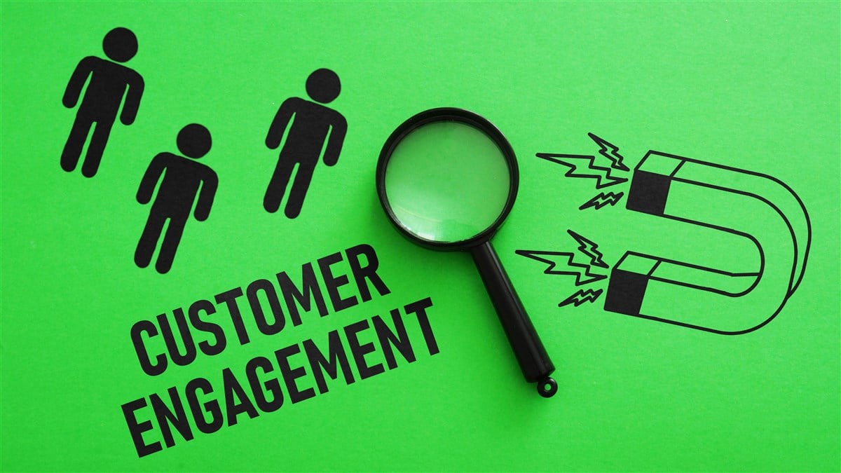 graphic with magnet, customer engagement, magnifying glass and people