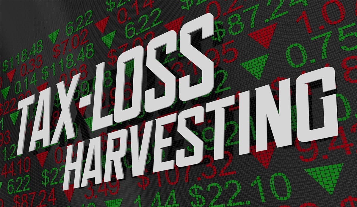 graphic of stock prices with words tax loss harvesting 