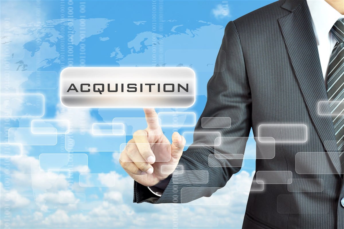 animation of businessman with hand touching the word acquisition