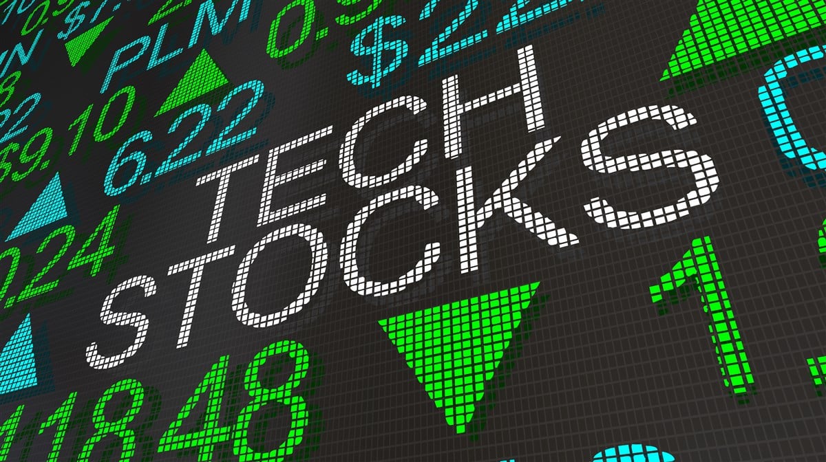 graphic with tech stocks over simulated stock chart