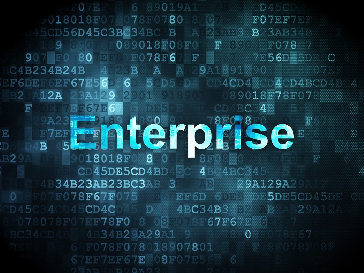 illustration of pixelized tech background with word Enterprise in foreground