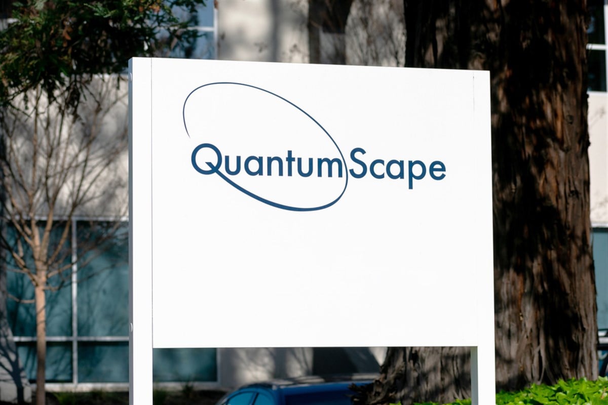 QuantumScape sign, logo at headquarters of an American company that produces solid state lithium metal batteries for electric cars 