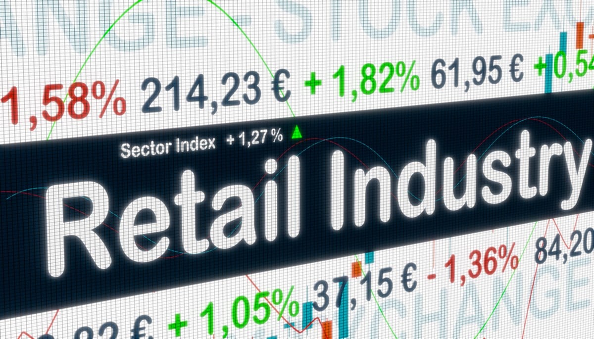 Retail industry sector with price information, market data and percentage changes in prices on a screen to represent retail stocks 