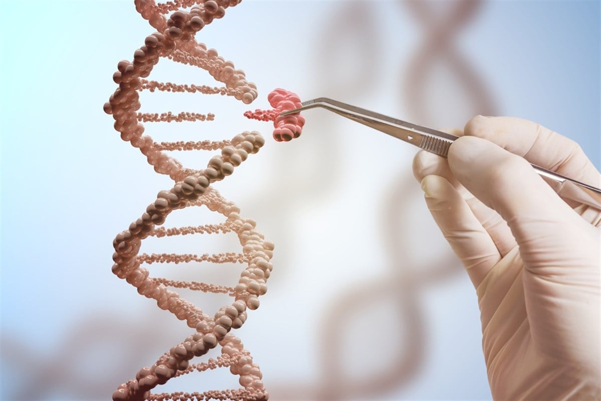 Gene editing image of person fixing a DNA strand with tweezers
