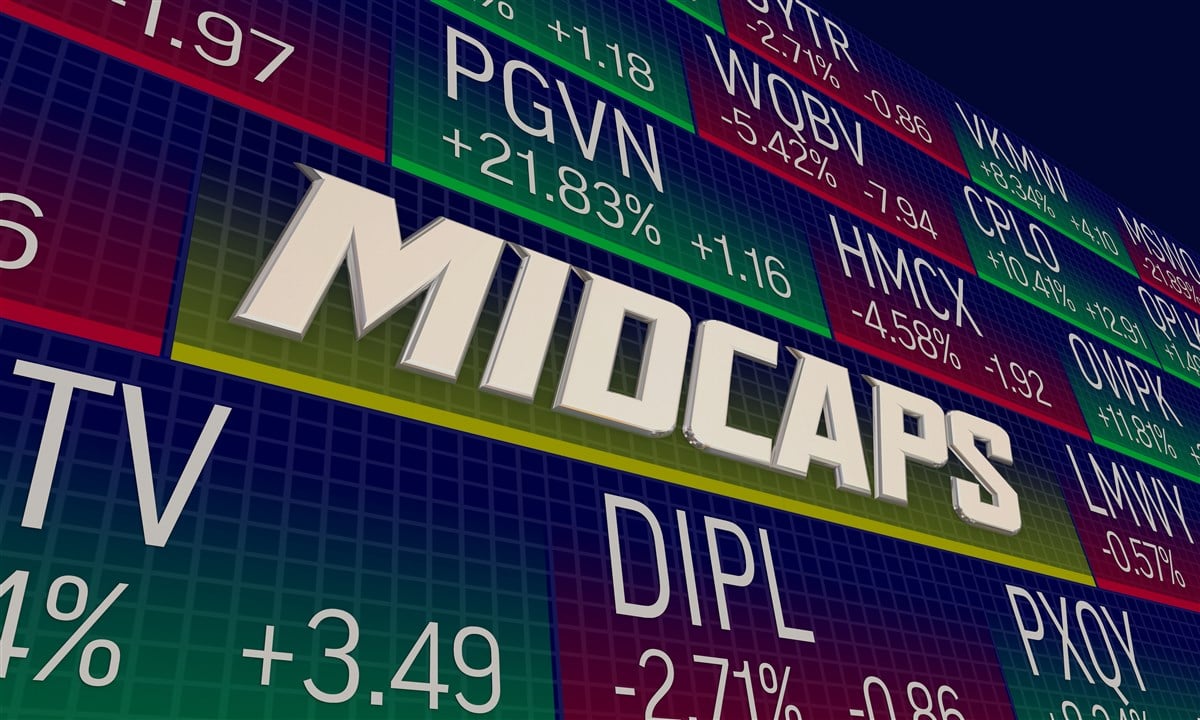 illustration of stock market ticker with the word midcaps prominently displayed