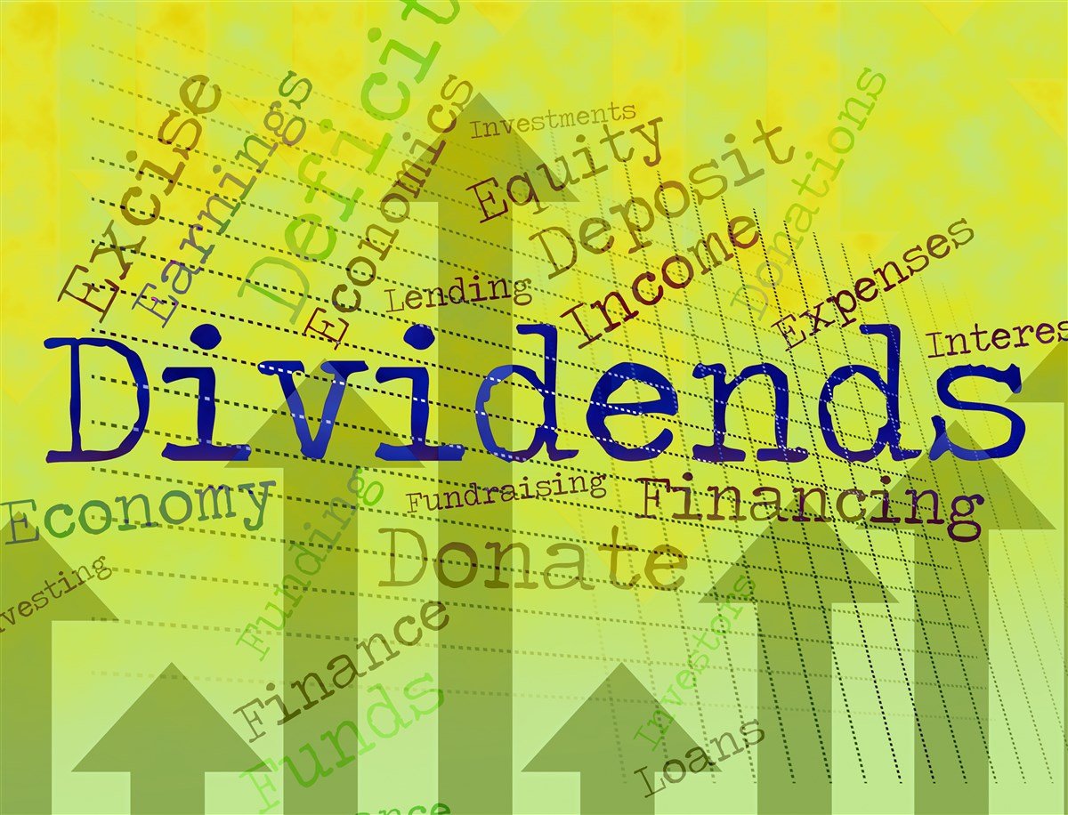 word cloud illustration with Dividends prominently displayed on yellow background
