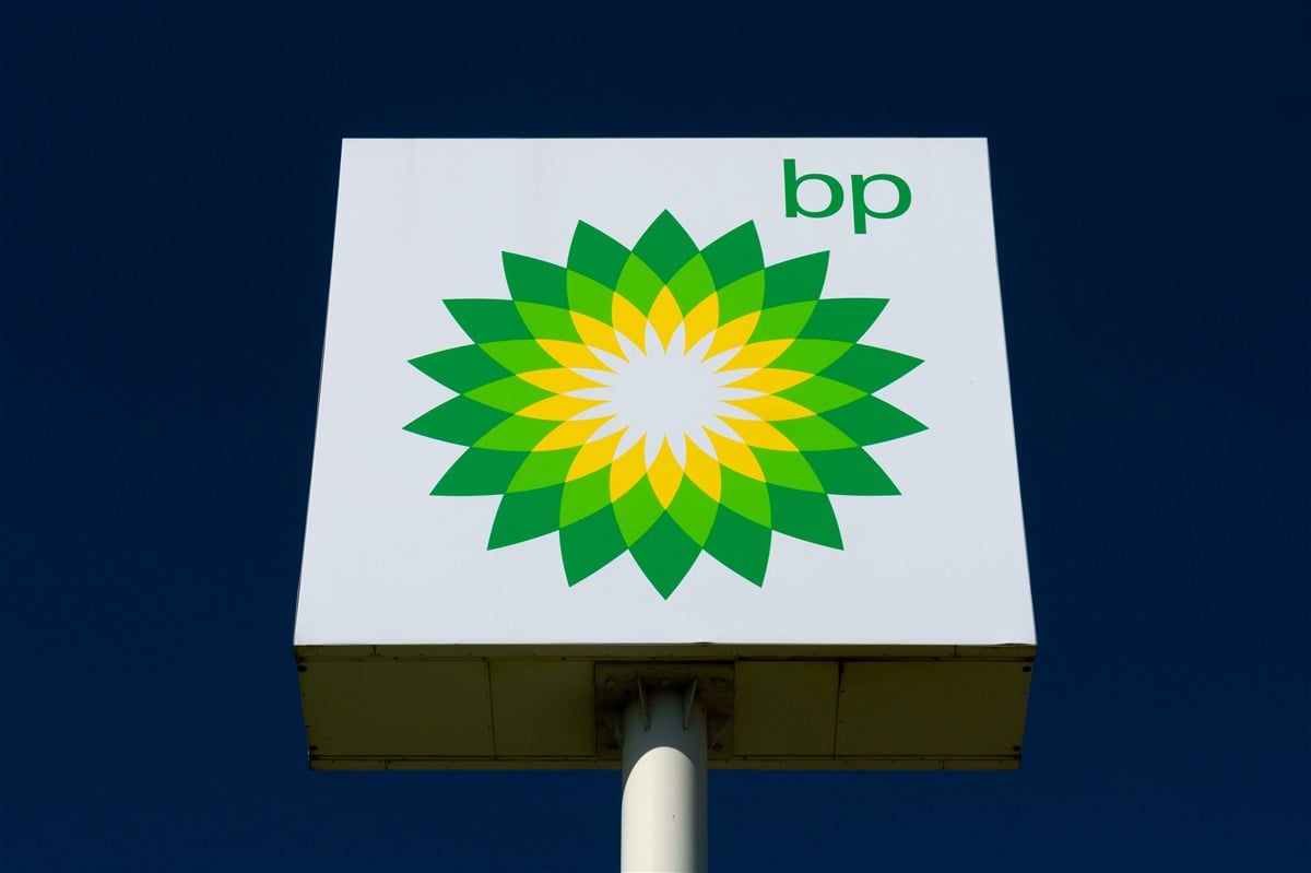 image of bp logo on sign with blue background