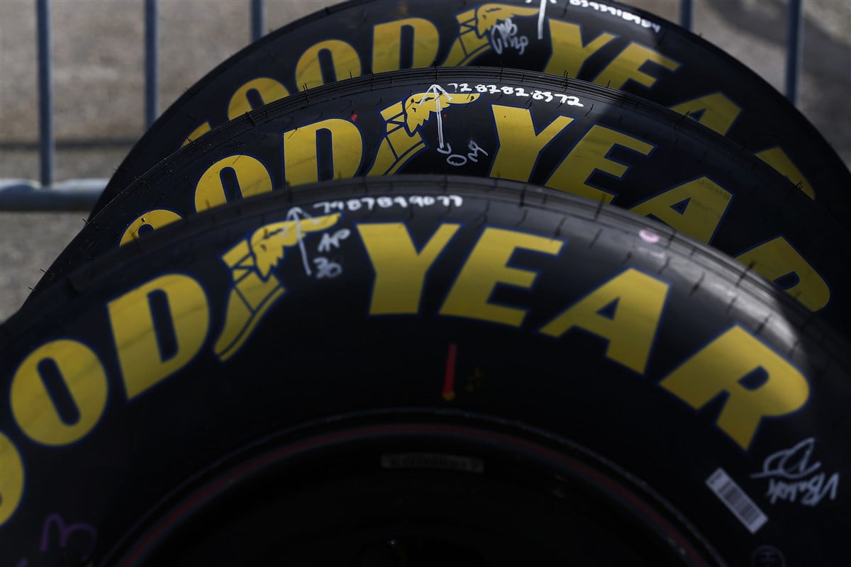 close-up image of tires with yellow goodyear logo