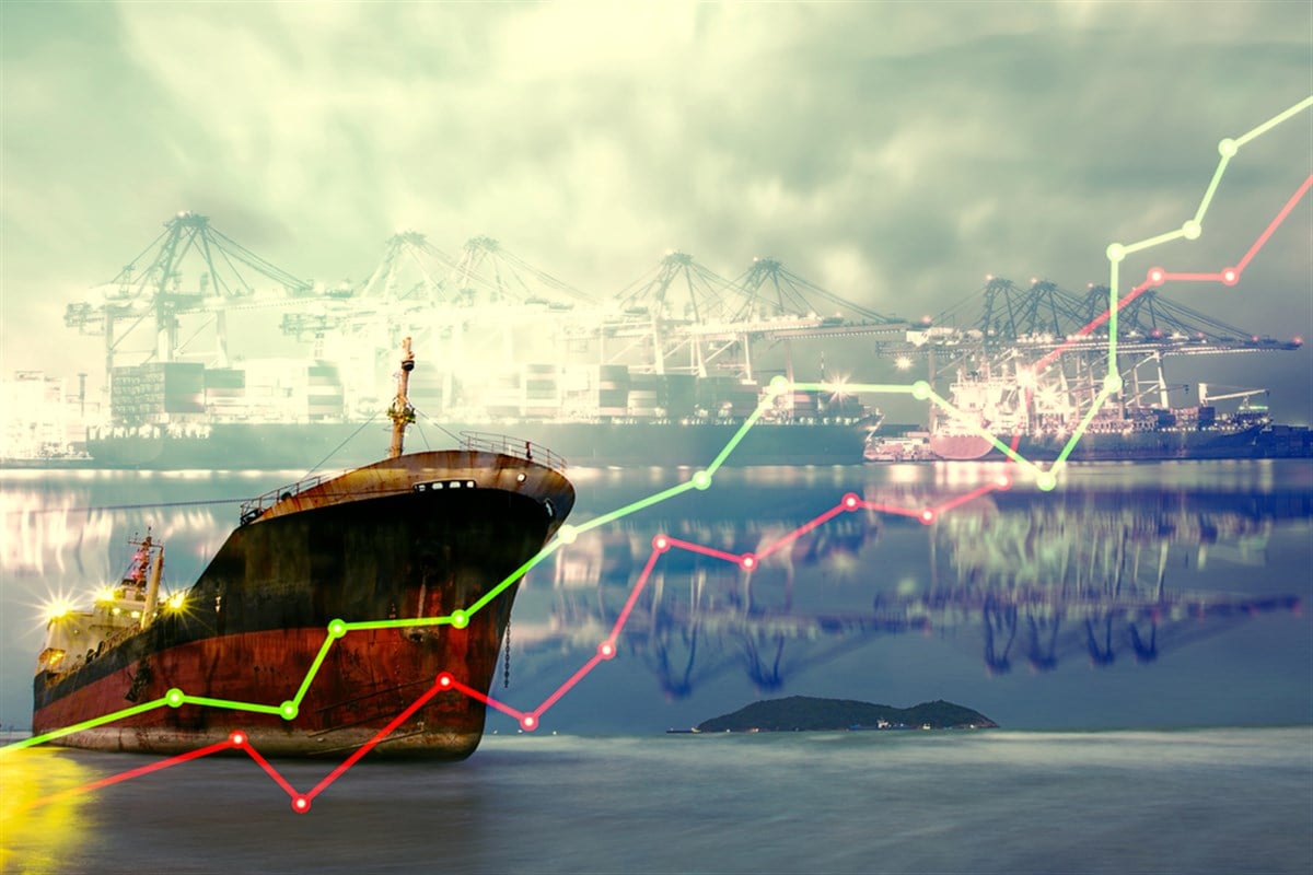 Image of ship and bridges against a stock market background to represent transportation stocks