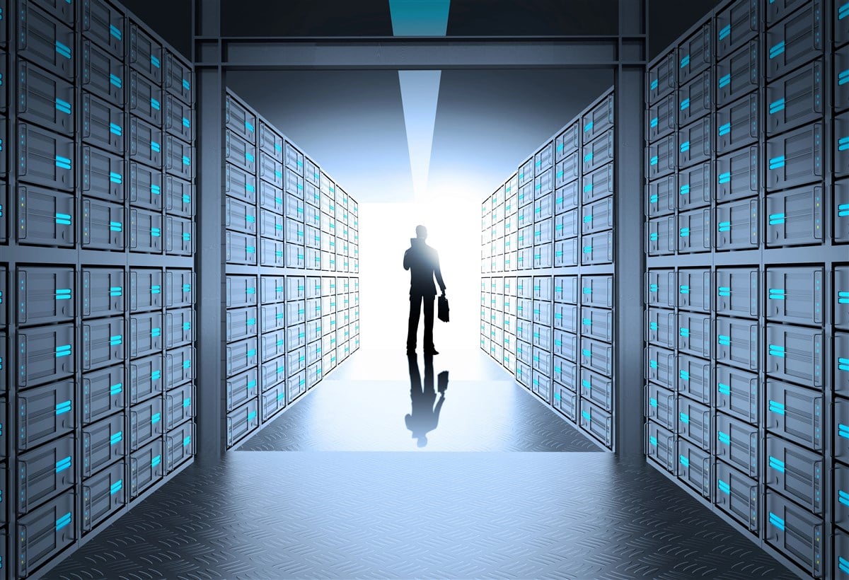 illustration of data center with man standing in entryway