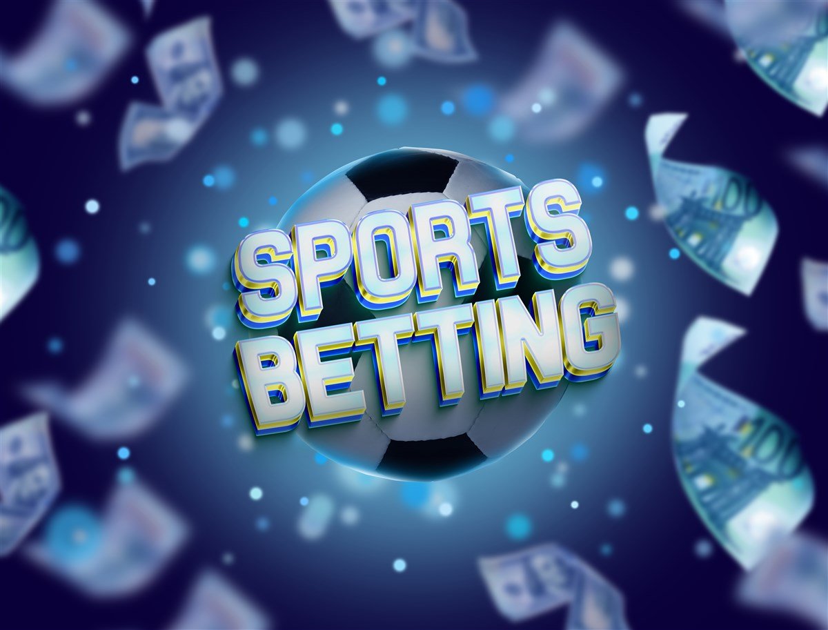 image of soccer ball with words sports betting in foreground and money floating in back