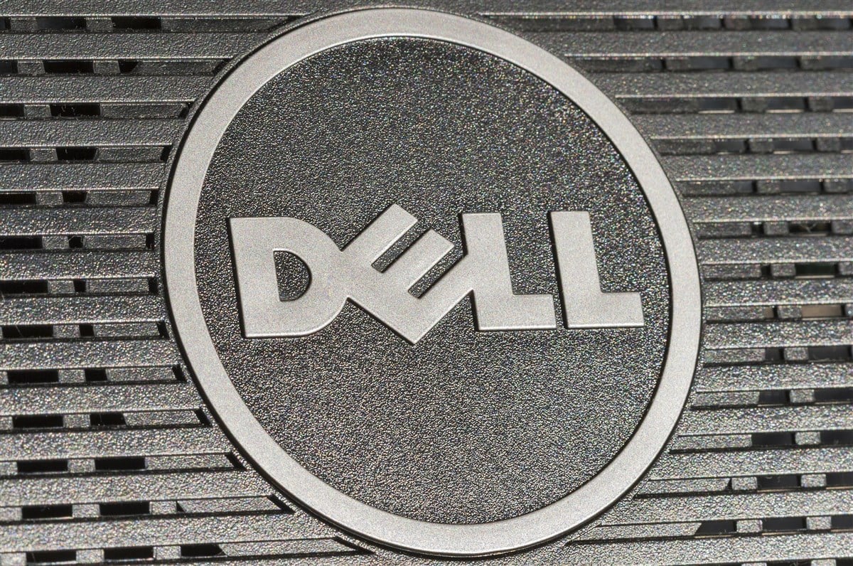 close-up photo of Dell logo on a computer