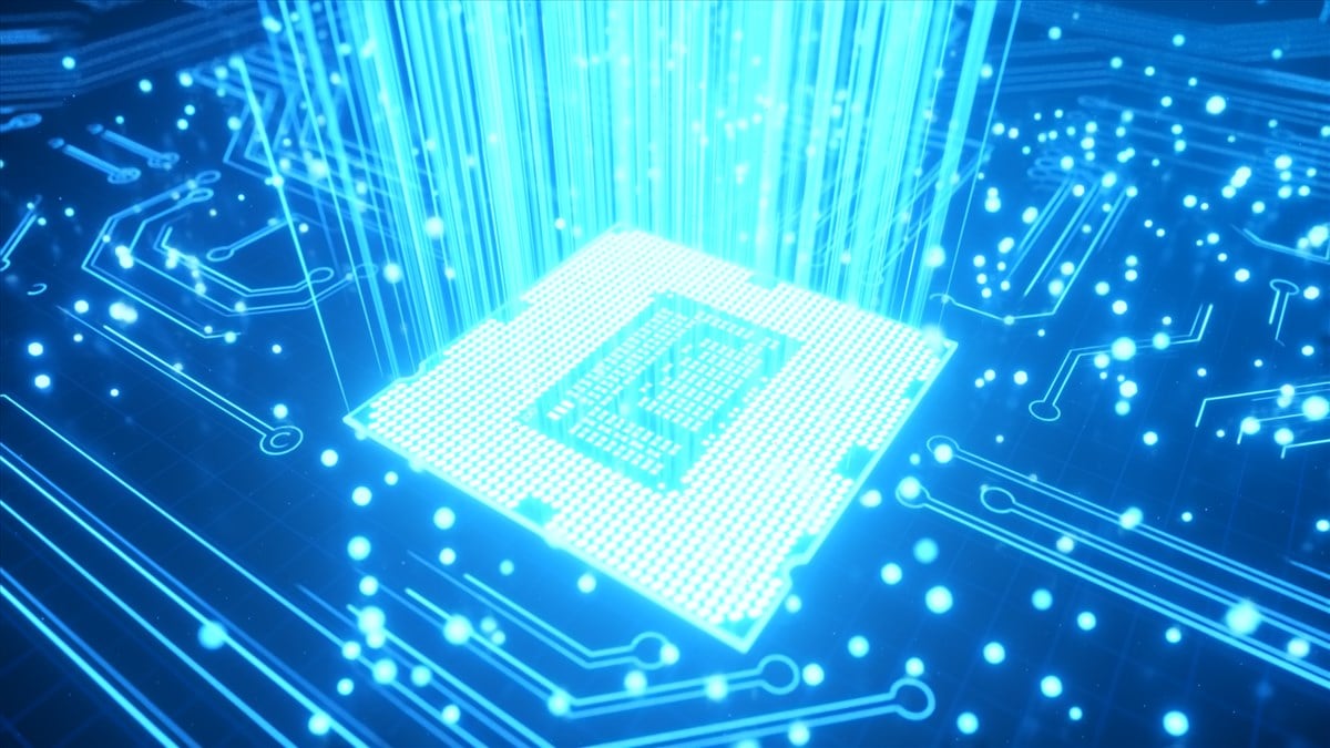 illustration of semiconductor chip showing AI processor power with blue coloring
