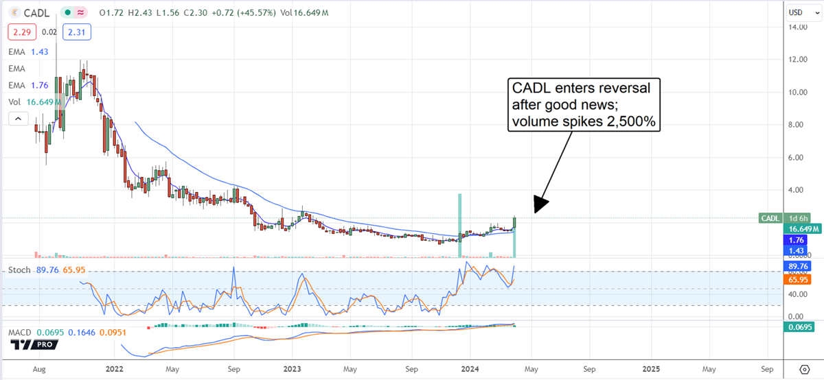 Good news causes Candel stock to enter reversal and volume to spike