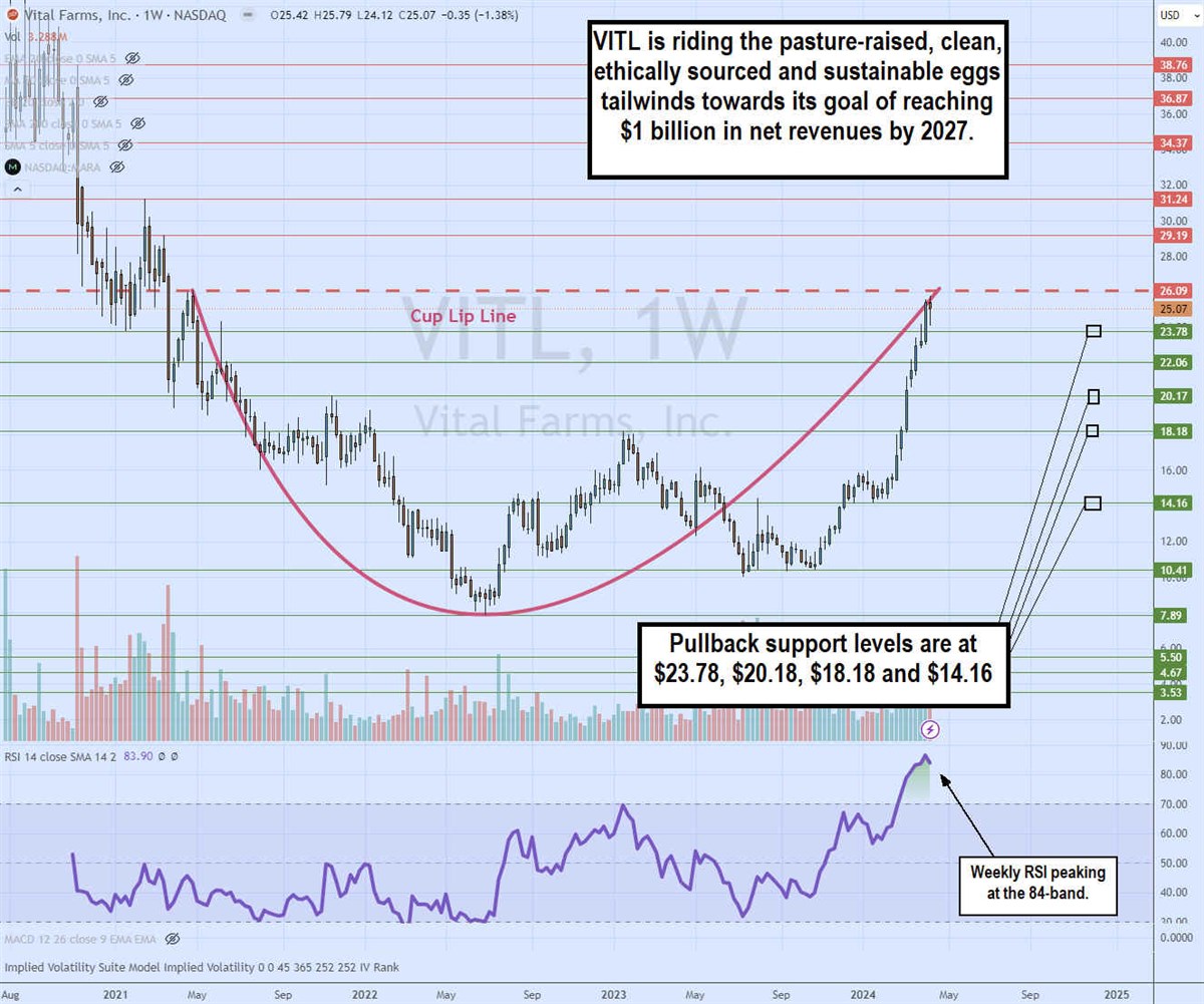 Chart showing Vital Farms stock's pullback support levels.