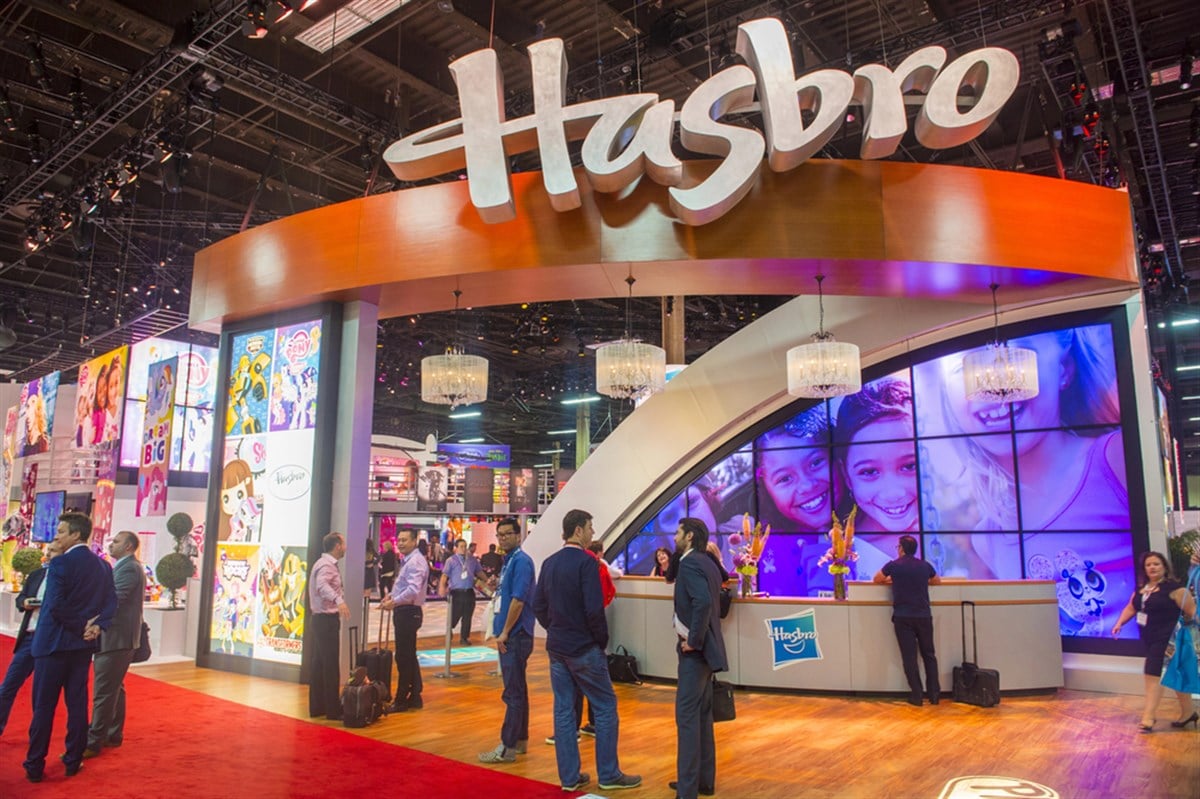 Photo of the Hasbro store facade.  The first quarter earnings report shows that Hasbro's management made all the right choices last quarter.