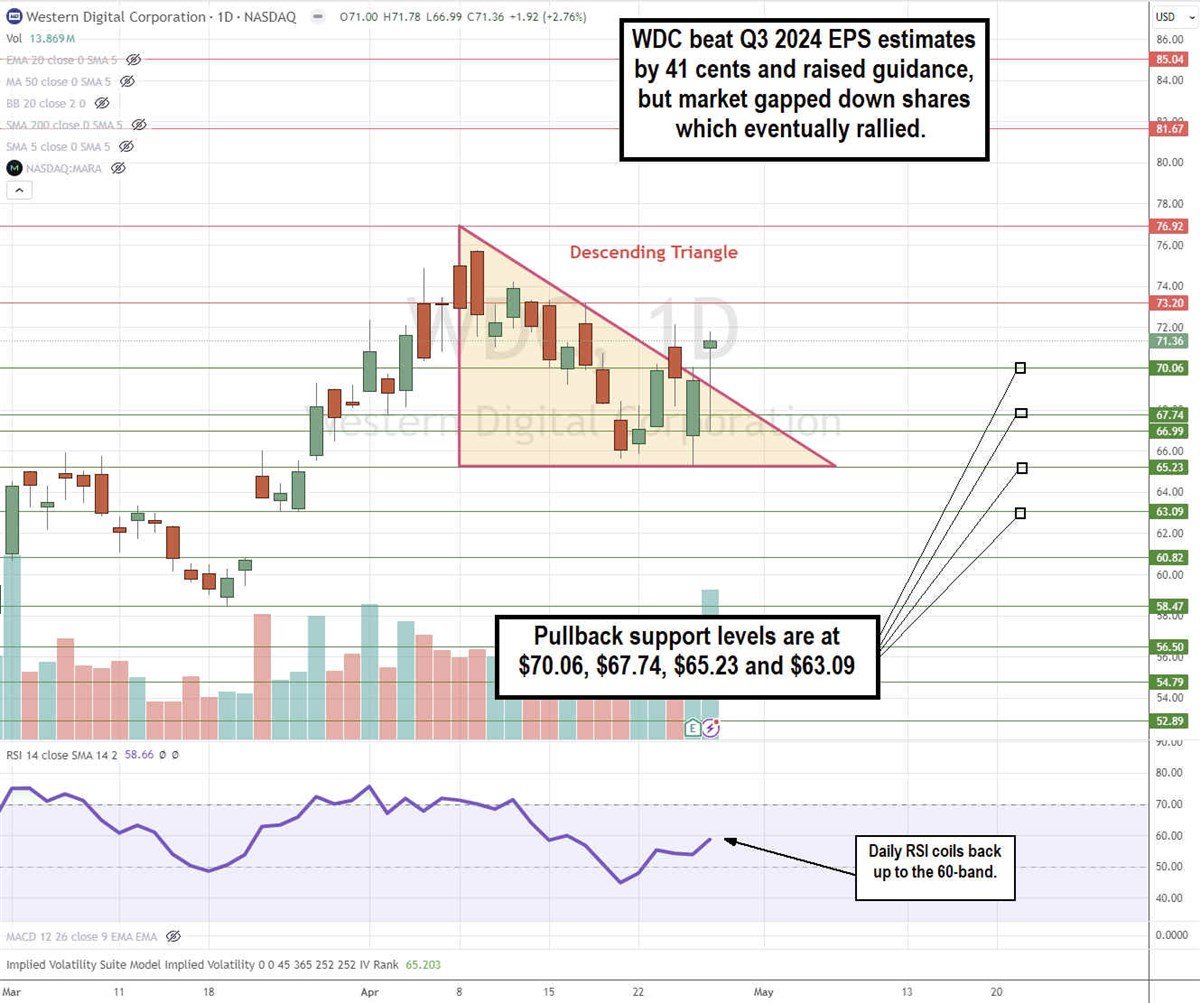 Chart showing how Western Digital beat Q3 2024 EPS estimates and raised guidance, but the market gapped down shares which eventually rallied.