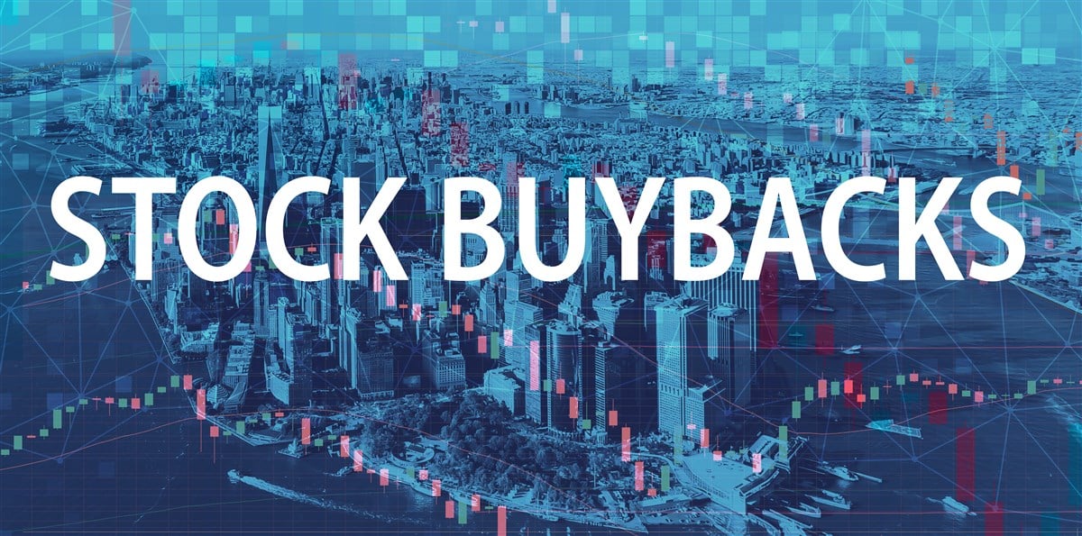 Photo with the words Stock Buybacks over image of skyline