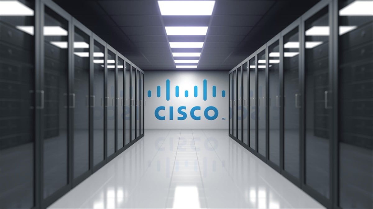 Cisco Systems logo on the wall of the server room. Editorial 3D