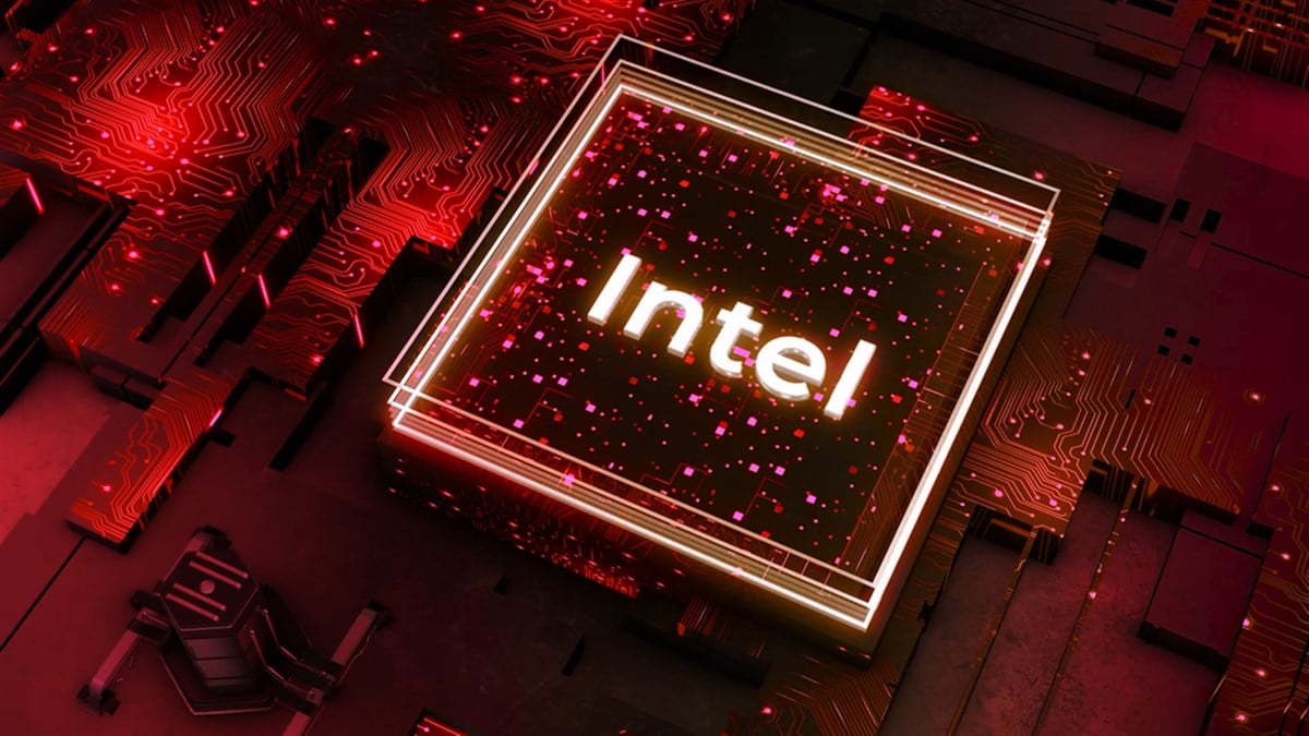 Inscription in neon square. Motion. Intel lettering in neon square on futuristic background. Animation of Intel lettering with neon lines and computer details - stock image