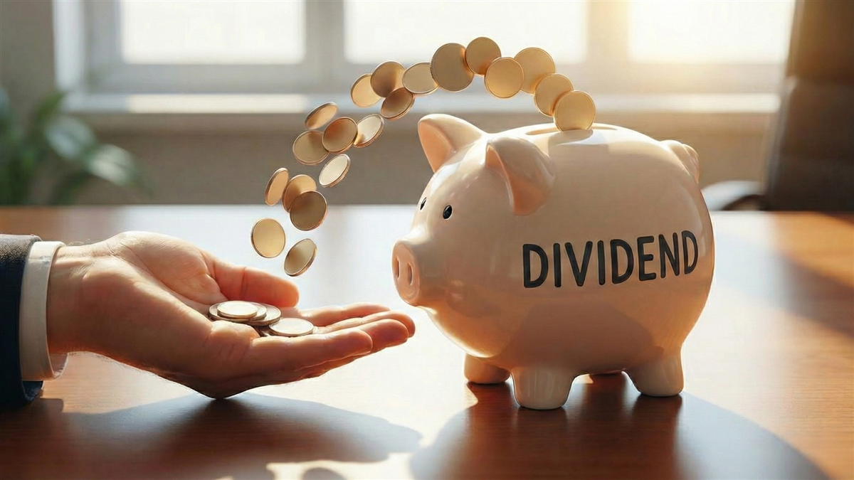 A piggy bank labeled "DIVIDEND" is shown on a wooden desk, with coins flowing from it into an open hand, symbolizing dividend income.