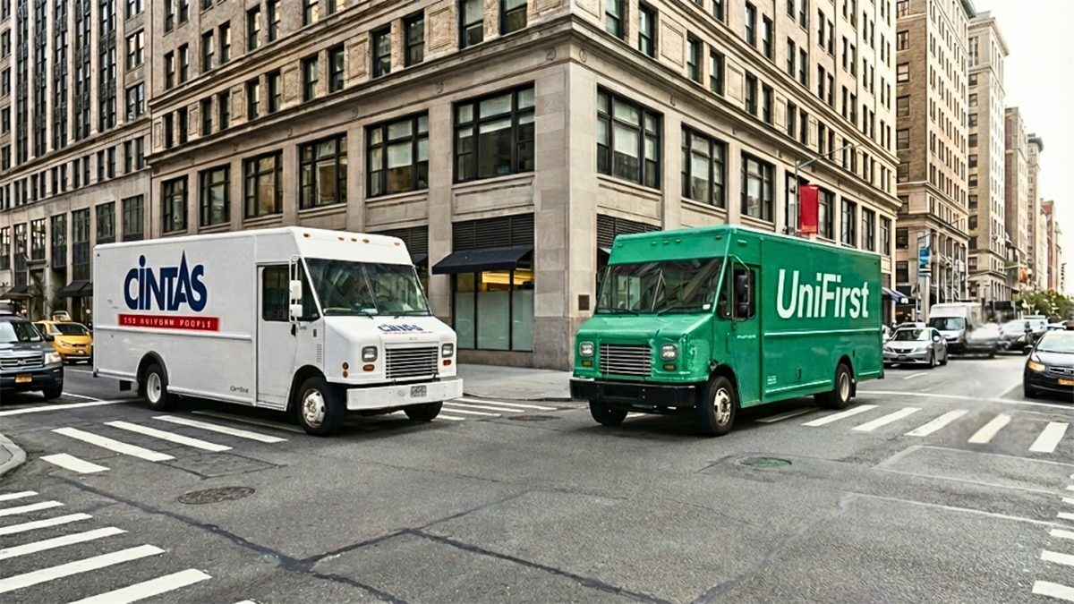 Cintas and UniFirst delivery trucks face each other at a city intersection, underscoring competition in uniform services