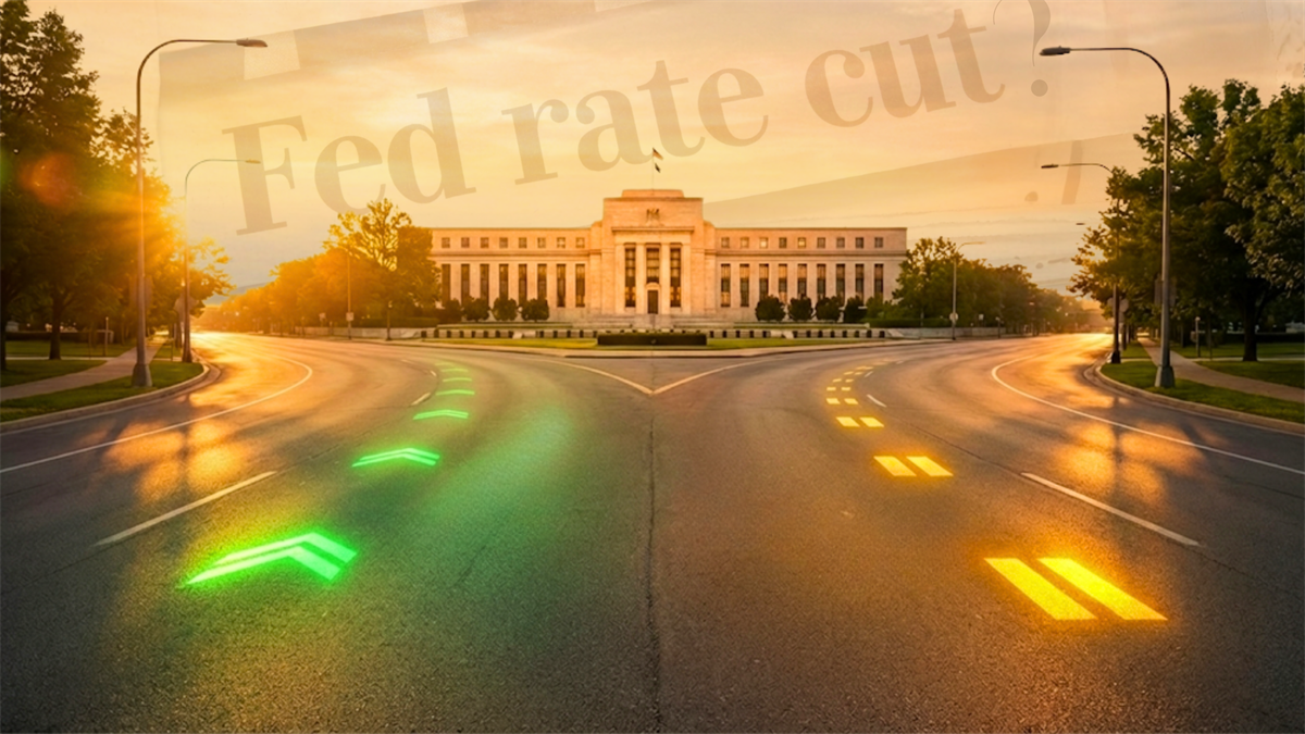 Fed building at sunrise with green and yellow arrows symbolizing market paths amid expectations of a Fed rate cut.