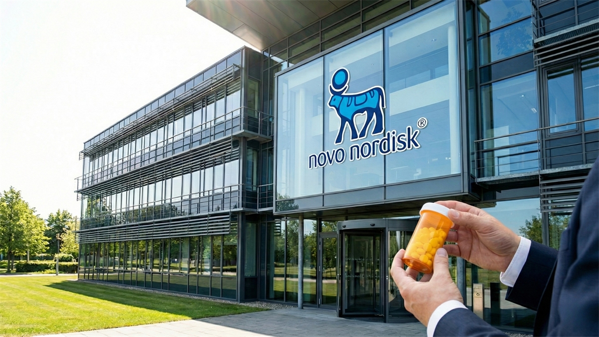Imaginative depiction of Novo Nordisk campus, as a hand holds a bottle of weight loss pills, highlighting GLP-1 drug innovation.