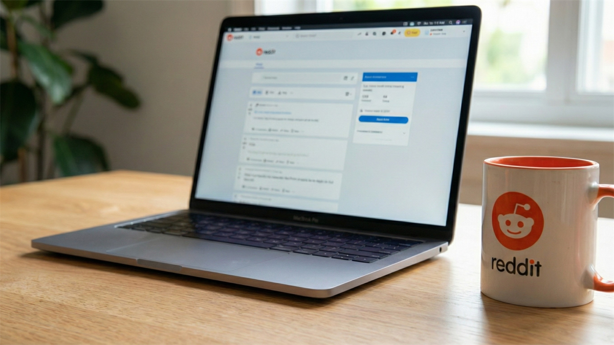 Laptop displaying Reddit’s platform on a desk beside a Reddit-branded mug, illustrating Reddit’s growing role in AI search and investor optimism.