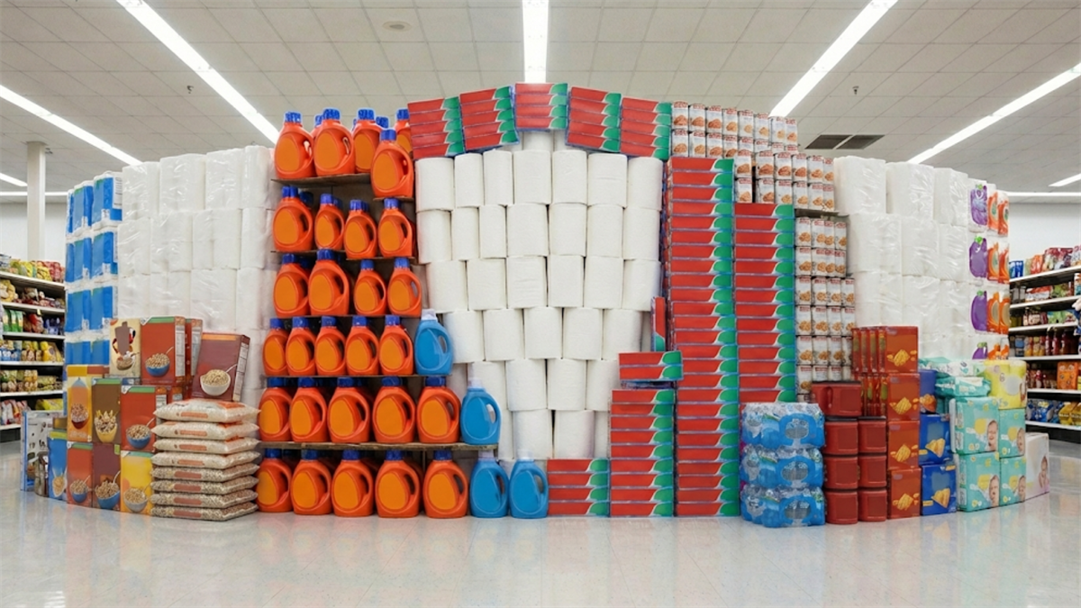 A supermarket endcap stacked with bulk household essentials highlights consumer staples demand amid pricing pressures.