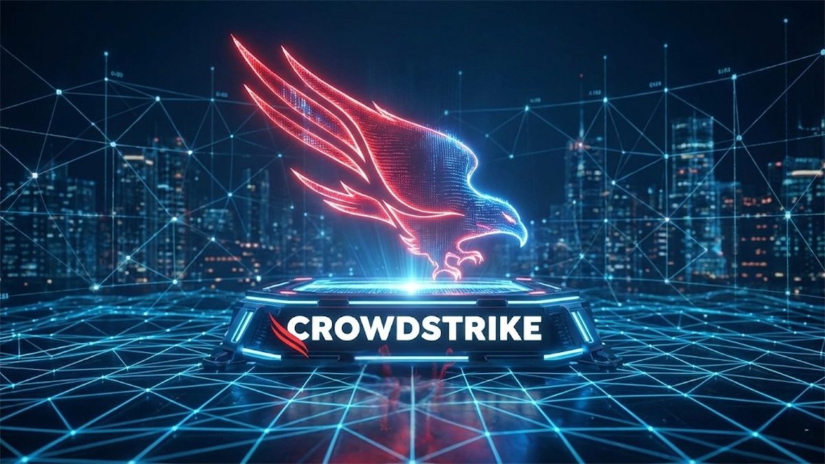 CrowdStrike cybersecurity emblem glows in a digital grid backdrop, underscoring strength in cloud defense.