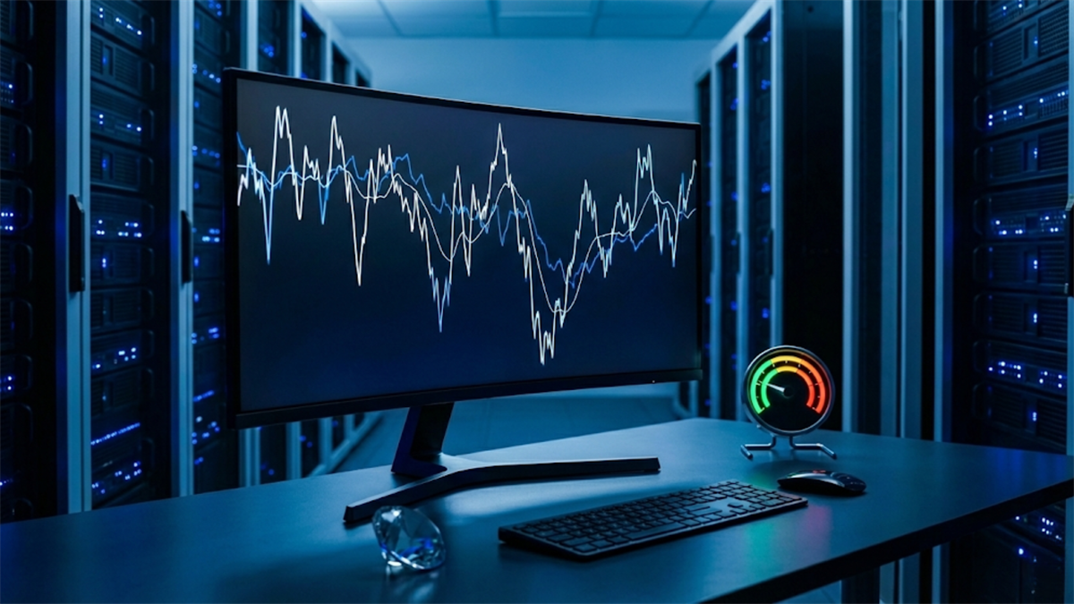 Server-room workstation with a volatility chart and a risk gauge highlights market turbulence and investor sentiment.