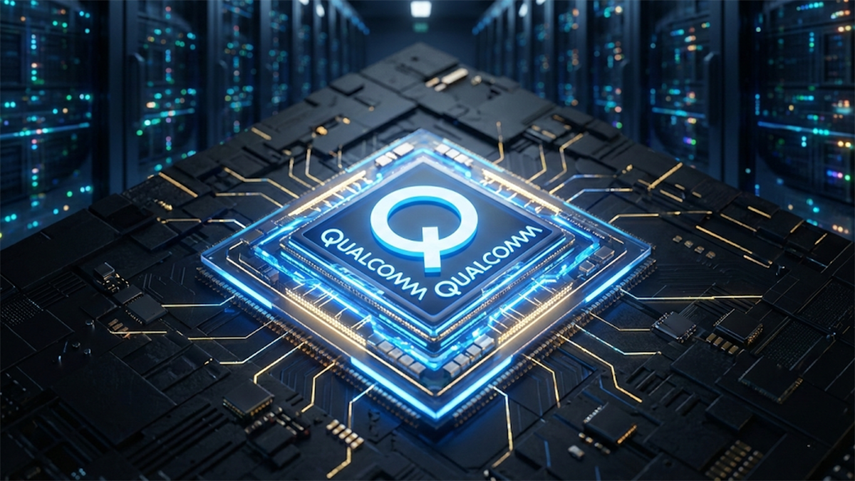 Qualcomm-branded chip glows on a circuit board amid server racks, highlighting data-center AI market growth.