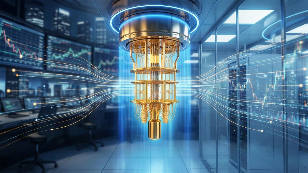 Photorealistic quantum computer in a modern lab with glowing data streams, symbolizing quantum computing growth and investment.