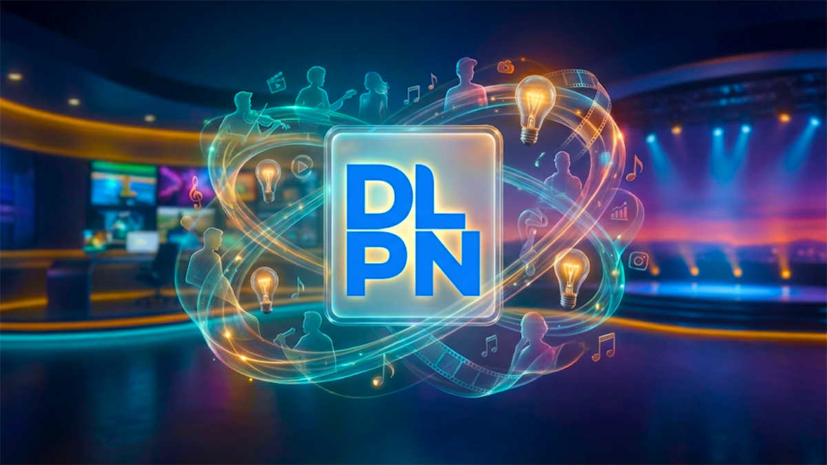 DLPN logo glows amid music, film, and creator icons in a studio setting, highlighting its digital-media ecosystem.