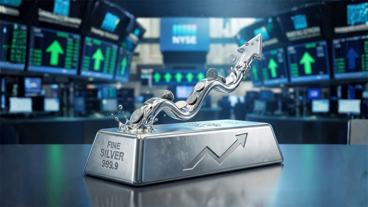 Silver bar with rising liquid-metal arrow and coins on a stock exchange floor, symbolizing a powerful silver price surge.